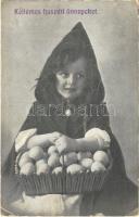 Kellemes húsvéti ünnepeket / Easter greeting, girl with eggs (EK)