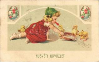 1925 Húsvéti üdvözlet / Children art postcard with Easter greeting, girl with chicken and eggs. G.O.M. 2829. (EK)