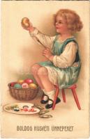 Boldog húsvéti ünnepeket / Children art postcard with Easter greeting, girl painting eggs (fl)