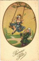 1931 Bonne Fete / Children art postcard with holiday greeting, romantic couple, swing (EK)