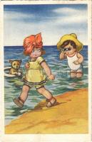 1928 Children art postcard, on the beach. Degami 982.