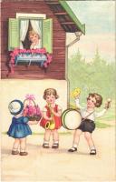 1936 Children art postcard, music band. Amag 2799.