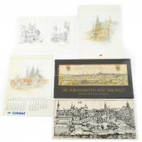 cca 1976-1987 6 db városképes nyomtatvány: 3 db régi városképes grafikákkal illusztrált naptár + Buda középkori látképének nyomata + 2 db Zürich városképes grafika