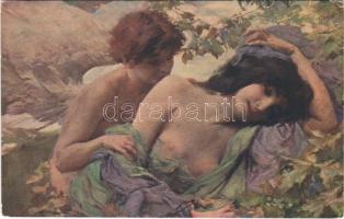 Der Küss des Eros / Le baiser dEros / Erotic nude lady art postcard s: H. Böttinger (szakadás / tear)