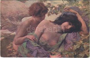 1917 Der Küss des Eros / Le baiser dEros / Erotic nude lady art postcard s: H. Böttinger (EK)