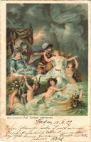 1902 Aus Undine: Auf Erden getrennt / Erotic nude lady art postcard, mermaids. litho (fl)