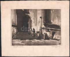Páris Erzsi (1887-?): Templomozás. Rézkarc, papír, jelzett, 16×21,5 cm