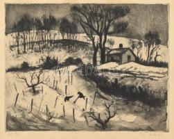 Iván Szilárd (1912-1988): Téli táj. Rézkarc, papír, jelzett, kissé sérült, 29×37 cm