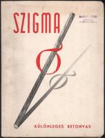 cca 1940 Szigma különleges betonvas nyomtatvány, modern illusztrációval ellátott papír mappában, borítón Darida János békéscsabai építőmester bélyegzőjével, kissé foltos, 17+2 p