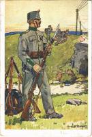 1919 Schweiz. Infanterie. Neue Felduniform / Infanterie suisse. Nouvel uniforme de campagne / Swiss military art postcard, infantryman in field uniform s: W. F. Burger (vágott / cut)
