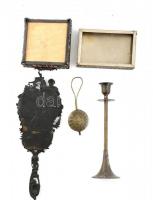 Vegyes fém bolhatétel. (Doboz 2db, teaszűrő, gyertyatartó, kézi tükörkeret) Kopott, sérült