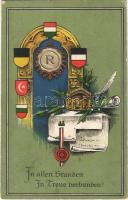 1916 In allen Stunden in Treue verbunden! / WWI Austro-Hungarian K.u.K. military art postcard, Central Powers propaganda with coats of arms. Wenau-Postkarte No. 560. (kis szakadás / small tear)