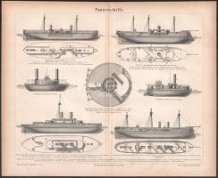 1874 Hajókat,hadihajókat bemutató 3 db rotációs fametszet tábla 21x34 cm