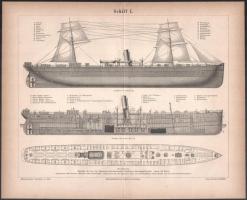 1874 Hajókat,hadihajókat bemutató 3 db rotációs fametszet tábla 21x34 cm