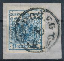 1850 9kr HP III blue, with plate flaw, 1850 9kr HP III tipus kék bélyeg lemezhibával a bal szárnyon "POZEG" Certificate: Babor