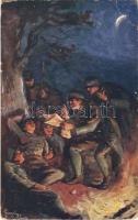 Otthoni hírek a tábori tűznél / Heimatsnachrichten beim Lagerfeuer / WWI Austro-Hungarian K.u.K. military art postcard, news from home by the campfire s: Gergely Imre (EB)