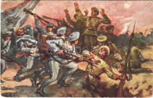 Szuronyroham / Bajonettangriff / WWI Austro-Hungarian K.u.K. military art postcard, bayonet attack s: Gergely Imre (EK)