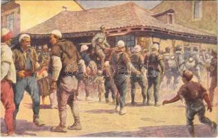 1917 Unsere Soldaten in Albanien. Offizielle Karte für Rotes Kreuz, Kreigsfürsorgeamt Kriegshilfsbüro Nr. 606. / WWI Austro-Hungarian K.u.K. military art postcard, soldiers in Albania (EK)