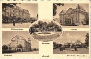 Szolnok, Hitelbank épülete, Színház, Tisza szálló, park részlet irredenta virágággyal (EB)