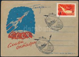 1961 Jurij Alekszejevics Gagarin (1934-1968) szovjet űrhajós autográf aláírása borítékon alkalmi bélyegzéssel. / Autograph signature of Yuriy Alekseyevich Gagarin (1934-1968) Soviet astronaut on cover with special cancellation