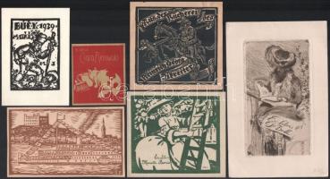 10 db magyar és külföldi ex libris, többek közt Mata János (1907-1944) alkotásával, vegyes technikákkal