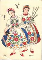 Kalocsai leányok. Kézzel festett / Hungarian folklore art postcard. Hand-coloured s: Derezsán (EK)