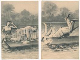 5 db RÉGI humoros képeslap sorozatban: erotikus romantikus pár / 5 pre-1945 humorous postcards in a ...