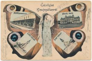 1907 Kisújszállás, Indóház (peron részlet), Vasútállomás, Római katolikus templom, Református templom, Városháza. Kis Lajos kiadása. Szecessziós pillangós hölgy montázs művészlap / Art Nouveau butterfly lady montage art postcard (EK)