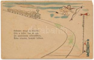 1893 (Vorläufer!!!) Sebesen megy a masina: gőz a lelke, vas az ina... Korai gőzmozdonyos művészlap / Very rare early postcard! locomotive, railway stop, railway man, litho (EM)