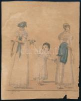 H Müller metszése: Divatozó hölgyek kislánnyal, 1808. Akvarellel színezett metszet, papír, sérült, kissé foltos, 18,5x15 cm.