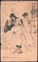 Forgách Farkas Rózsi (1894-1929): Divatozó lányok, 1917. Tus, papír, jelzett, sérült, kissé foltos, 33,5x20,5 cm