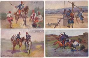 4 db RÉGI magyar katonai művész képeslap: huszárok / 4 pre-1945 Hungarian military art motive postcards: hussars