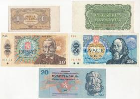 Csehszlovákia 1953. 1K + 1961. 5K + 1970. 20K + 1986. 10K + 1988. 20K T:I-III Czechoslovakia 1953. 1 Koruna + 1961. 5 Korun + 1970. 20 Korun + 1986. 10 Korun + 1988. 20 Korun C:UNC-F