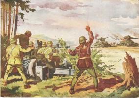Fazekas Károly őrmester, gépágyús félszakaszparancsnok az Uryw-i harcokban két ellenséges páncélost lőtt ki, több kiserődöt pusztított el és lelőtt egy támadó nehézbombázót / WWII Hungarian military art postcard s: Gönczi Gebhardt (EK)