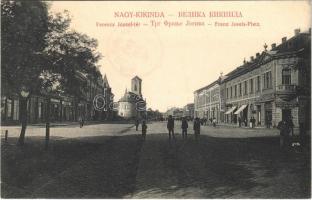 1908 Nagykikinda, Kikinda; Ferenc József tér, Radák János, Ernst József üzlete / square, shops (EK)