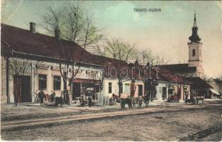 1910 Kevevára, Temeskubin, Kovin; E. Senlager vasraktára, üzletek, templom. Julius D. kiadása / street view, shops, church (EB)