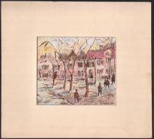 Z. Szutrély (?) jelzéssel: Sétálók, 1970. Filctoll, színes ceruza, papír, paszpartuban, 14x16,5 cm