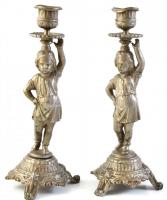 Antik figurális ón gyertyatartó pár, jelzett, kisebb sérülésekkel, kopásnyomokkal, m: 24 cm