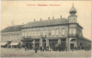 1909 Pancsova, Pancevo; Erzsébet tér, Hornung Peter, Fischgrund A., St. Rausch, Kovács Árpád üzlete. Wittigschlager C. kiadása / square, shops (fl)