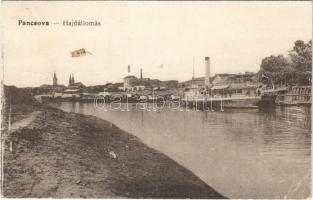 1918 Pancsova, Pancevo; Hajóállomás, gőzhajó. Vasúti Levelezőlapárusítás 1214. / ship station, steamship (fa)
