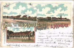 1901 Alsómiholjác, Unter-Miholtz, Donji Miholjac; Volksschule, Gräfl. Mailathsche Beamtenhäuser, Hauptplatz, Hotel Waldschnepfe, Roschers Geschäft, Gräfl. Mailáthsches Castell / iskola, tisztviselők házai, Fő tér, szálloda, Mailáth kastély, M. Roscher üzlete és saját kiadása / school, officials houses, main square, hotel, castle, publishers shop. Art Nouveau, floral, litho (EK)