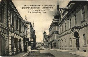 1907 Temesvár, Timisoara; Belváros, Lonovics utca, Római katolikus püspöki palota, Löwi Lipót üzlete / street view, bishops palace, shops (EK)