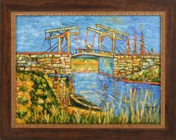 Olvashatatlan jelzéssel, Vincent Van Gogh után: Híd. Olaj, karton. Fa keretben, 30×40 cm