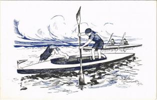 Obowiazkiem Towim Jest Popieranie Pracy Ligi Morskiej I Kolonjalnej. Serja 1. / Polish boy scout art postcard, rowing s: Wladyslaw Czarnecki