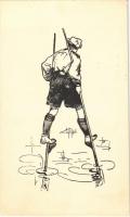 Druk Dabrowszczaków Lódz / Polish boy scout art postcard, boy scout on stilts