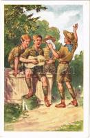 Daltól hangos erdő, mező, berek. Cserkész művészlap. Rigler József Ede kiadása R.J.E. 8010. / Hungarian boy scout art postcard
