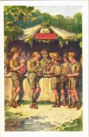 Foglalkozás után, kantin. Cserkész művészlap. Rigler József Ede kiadása R.J.E. 8007. / Hungarian boy scout art postcard, scout camp, canteen