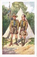 Az őrs zászlója. Cserkész művészlap. Rigler József Ede kiadása R.J.E. 8006. / Hungarian boy scout art postcard, scout camp, the flag of the sentry (kis szakadás / small tear)