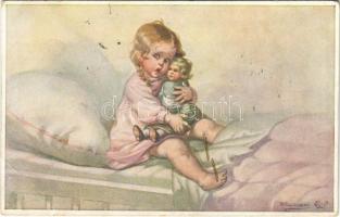 1918 Puppenmütterchen / Children art postcard, girl with doll. Wohlgemuth & Lissner No. 1108. s: Wally Fialkowska (EB)