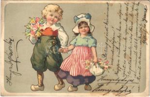 1900 Children art postcard, romantic couple. litho (fl)